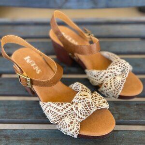 Korks-Ease Natalia Women Leather Sandal 10 Brown White Crochet Wooden Block Heel